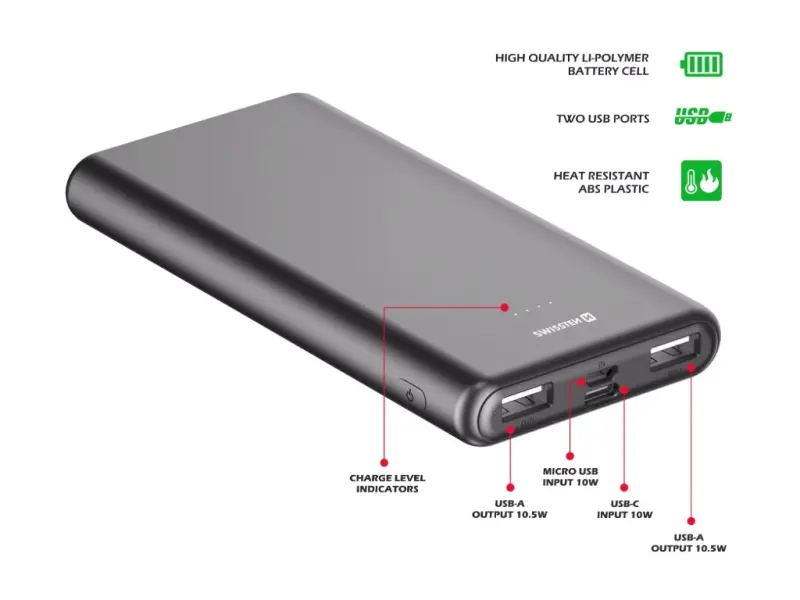 Powerbanka Swissten Worx II, 10.000 mAh