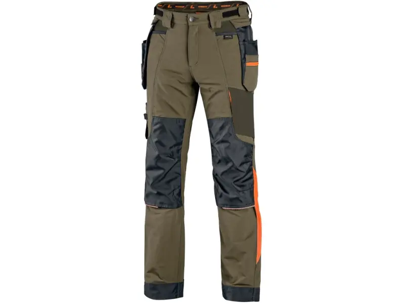 Kalhoty CXS NAOS pánské, khaki-olive, HV oranžové doplňky